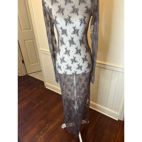 Free People Floral Lace Sheer Maxi Dress Long Sleeve Grey Boat Neck New size XS - Picture 7 of 11